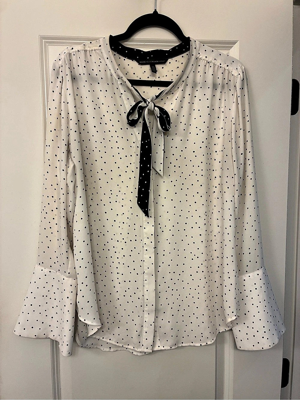 White House Black Market Polka Dot Tie-Neck Bell Cuff Blouse Size 12